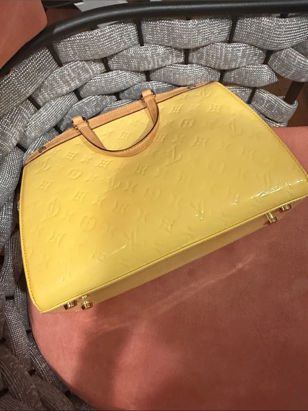 Louis Vuitton Yellow Monogram Vernis Alma-Style Satchel with Tan Trim